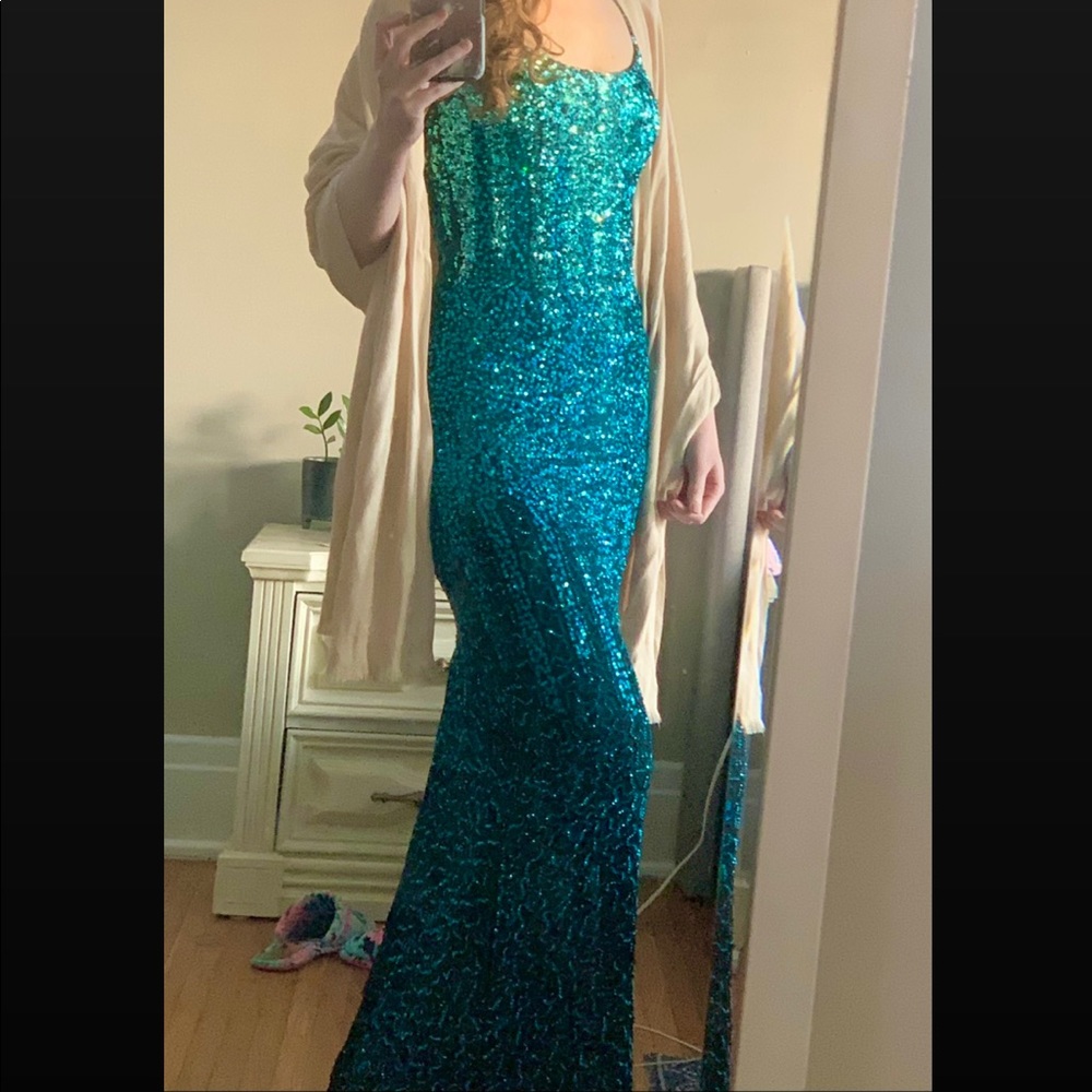 Adrianna Papell Evening ombré blue sequin gown sequin prom dress wedding guest